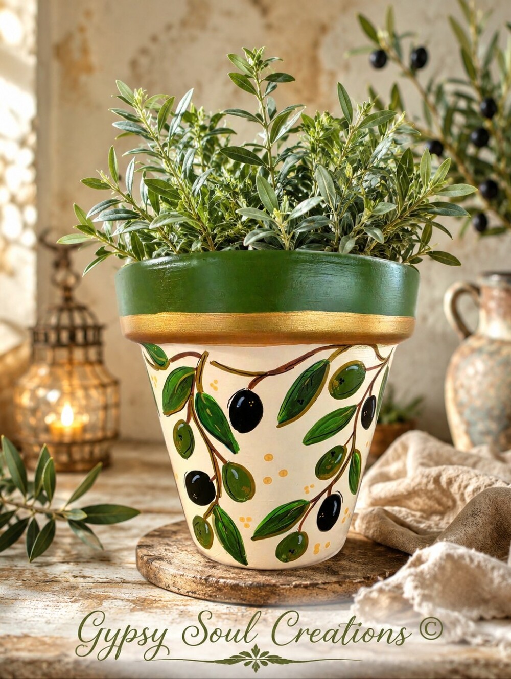 Hand-Painted 6" Terracotta Olive Planter | Mediterranean Decor | Signed by Gypsy